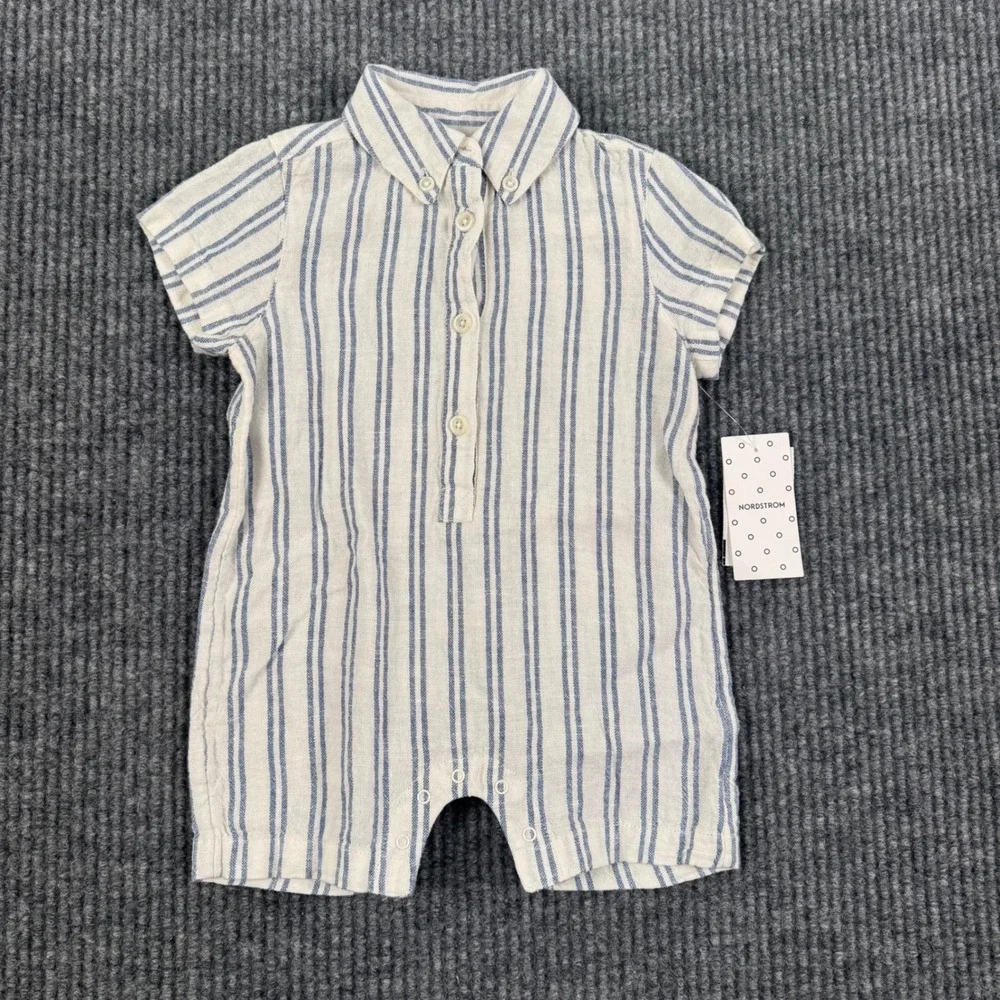 Nordstrom Baby Linen Blend Stripe Romper Blue White‎ 6M NWT Coastal 960